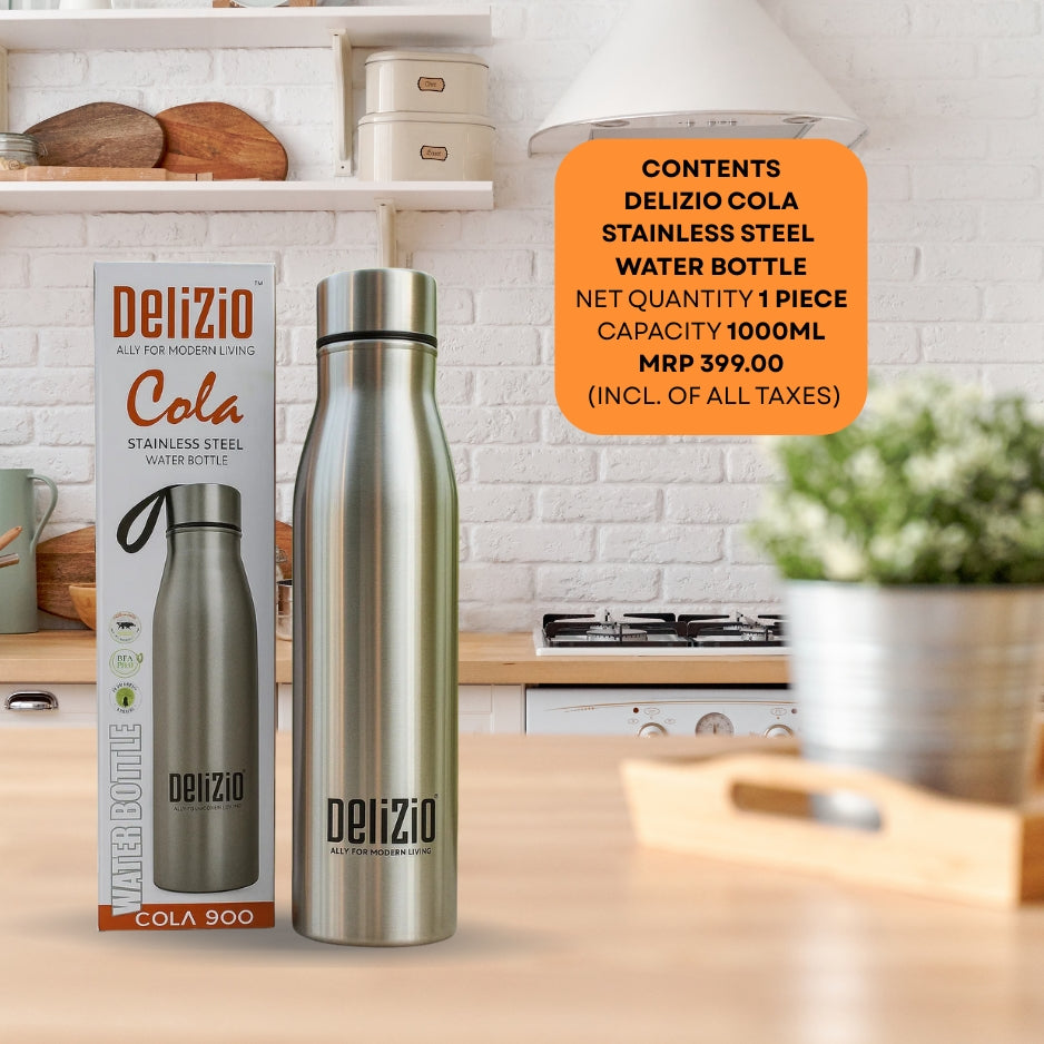 KEMP DELIZIO COLA Edition Stainless Steel Fridge Water Bottle 1000 ML | 1 L | Single Walled | Office | Gym | Travelling | Leak Proof LID | ECO Friendly | BPA Free | for Adult, Kids