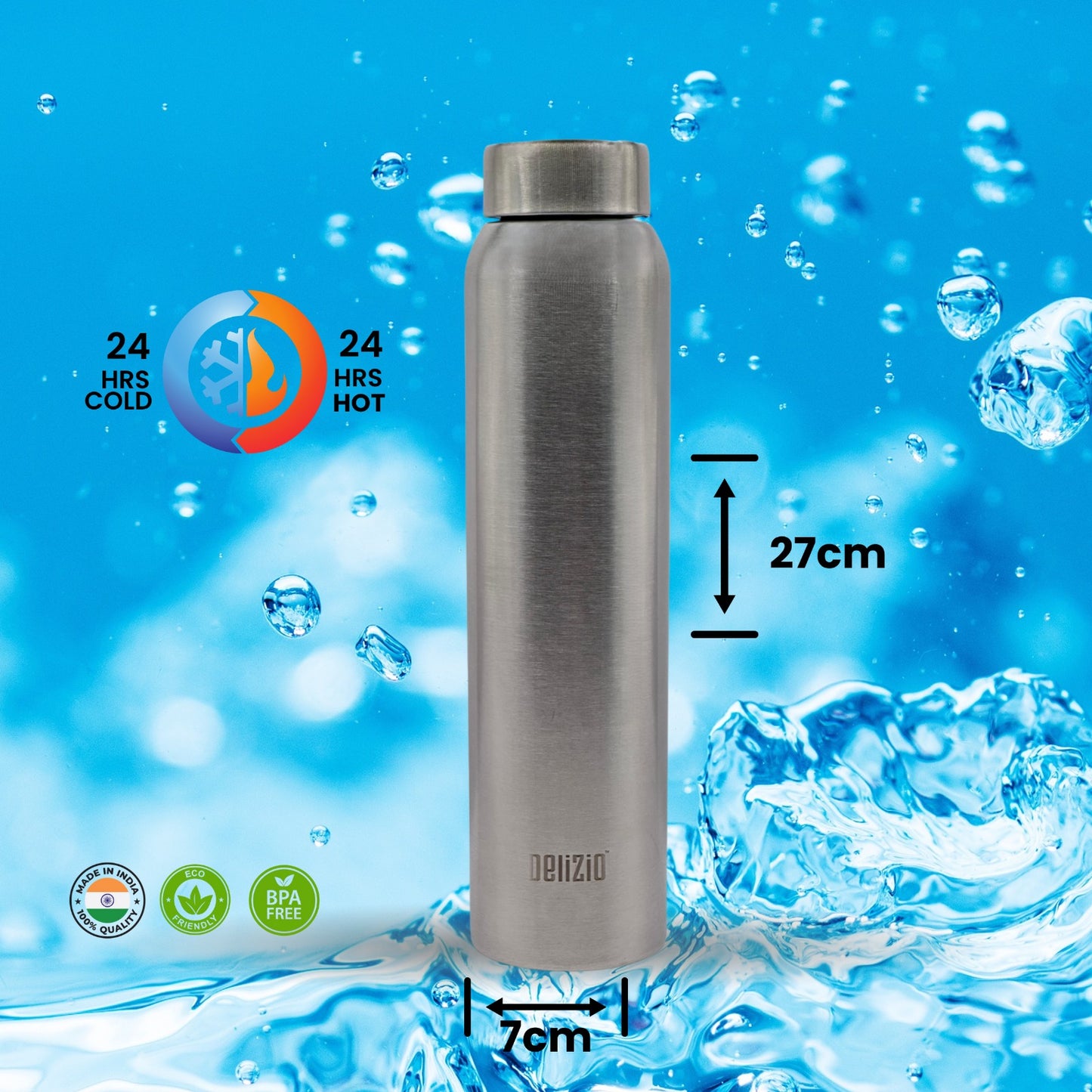 KEMP DELIZIO SOLO Edition Stainless Steel Fridge Water Bottle 1000 ML | 1 L | Single Walled | Office | Gym | Travelling | Leak Proof LID | ECO Friendly | BPA Free | for Adult, Kids