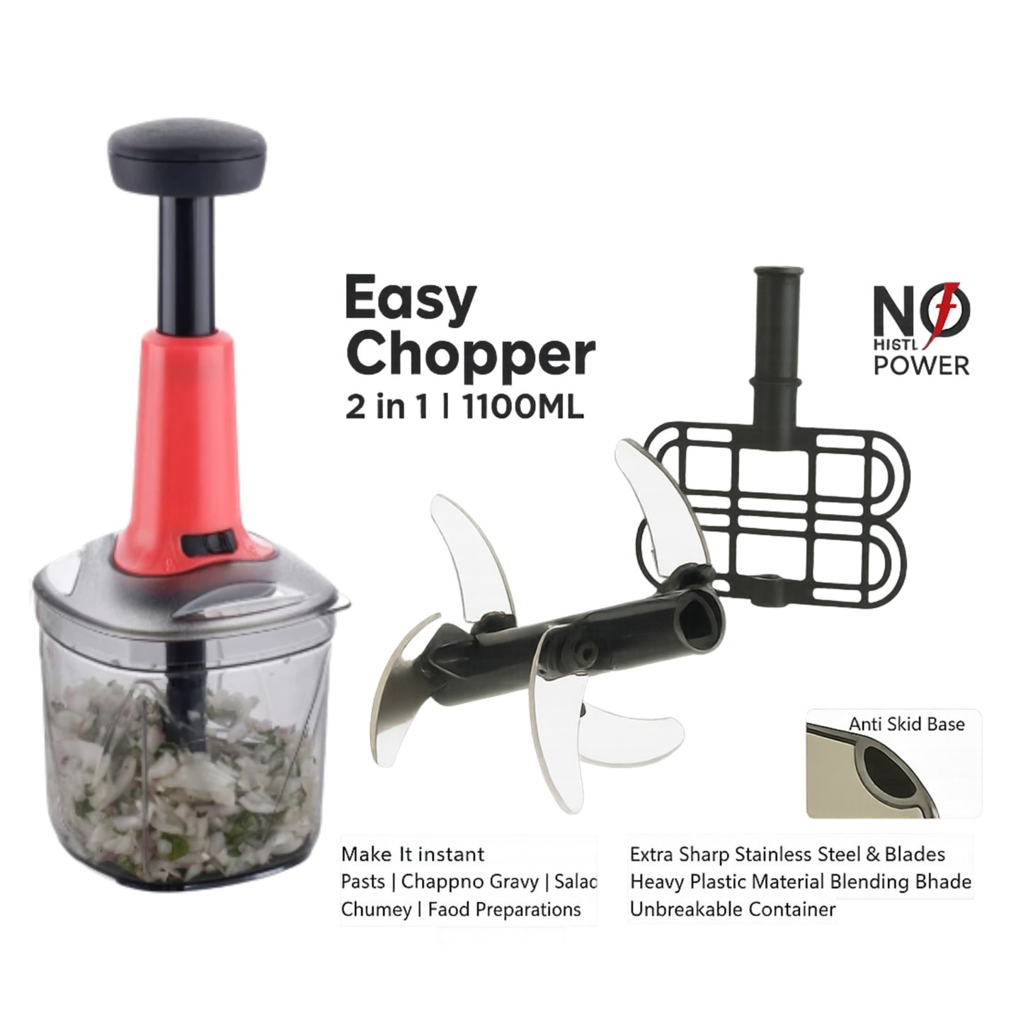 KEMP Press Chopper, Manual Hand Press Push Chopper with 3 Blades for Effortless Chopping Vegetables & Fruits (700 ML)-Multicolor