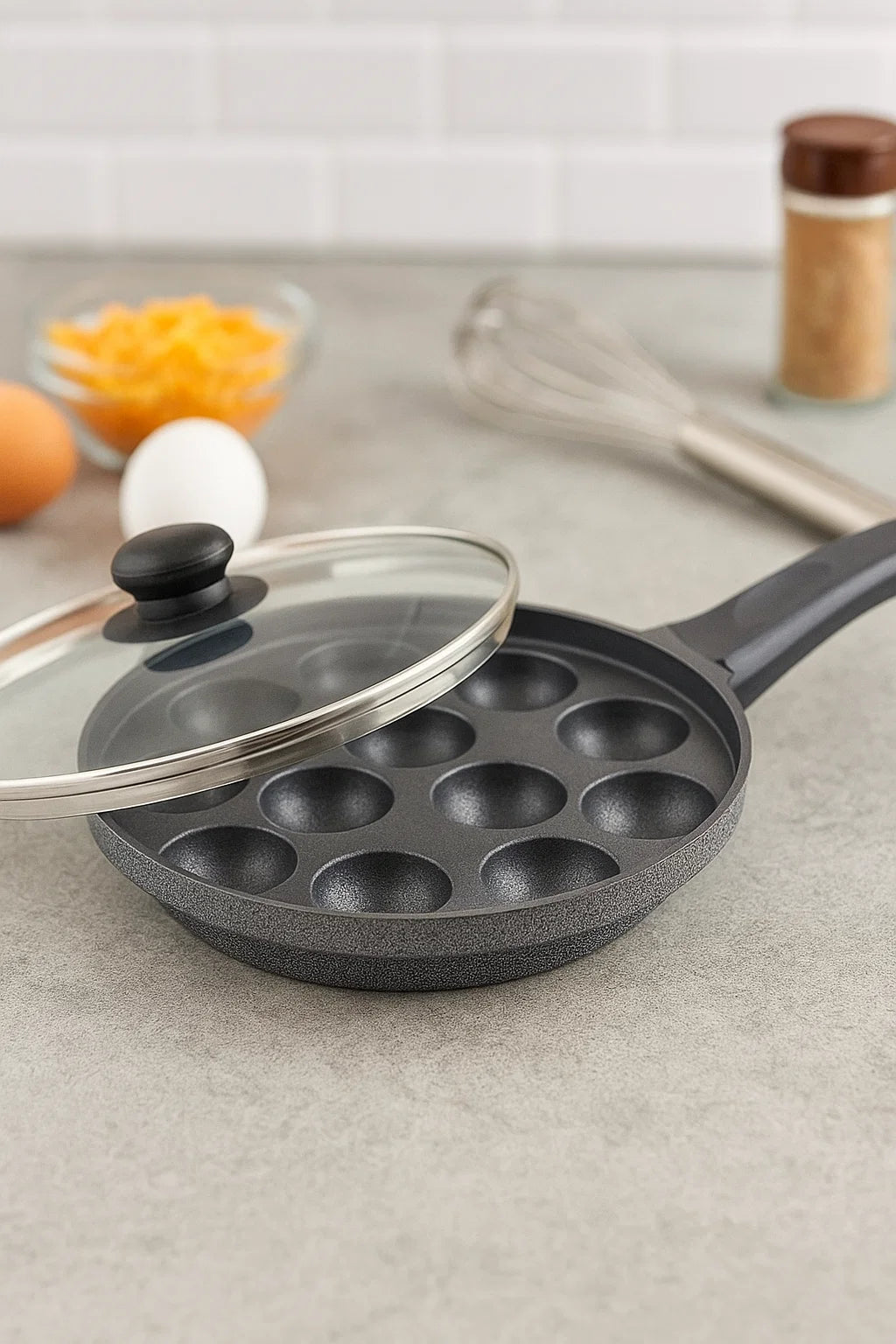 Prestige Omega Select Plus Non-Stick Paniyarakkal with Glass lid (Appe Maker)|12 pits| 24cm|Residue Free Coating |Metal Spoon Friendly