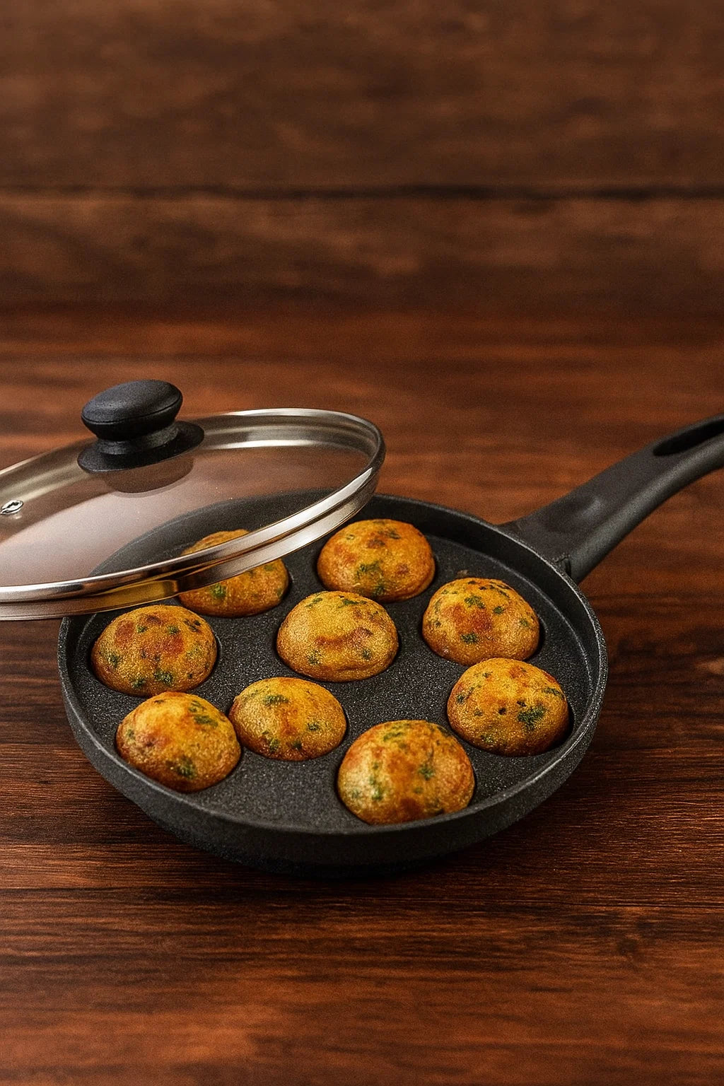 Prestige Omega Select Plus Non-Stick Paniyarakkal with Glass lid (Appe Maker)|12 pits| 24cm|Residue Free Coating |Metal Spoon Friendly