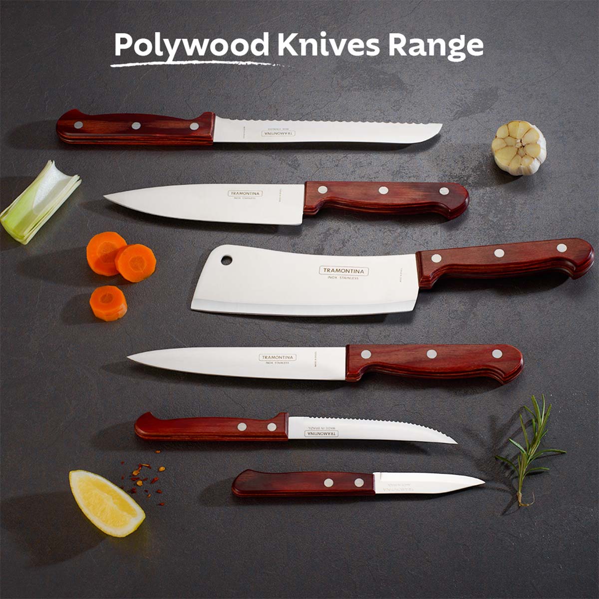Tramontina Polywood 5" Stainless Steel Steak & Fruit knife Serrated Blade - Impact & Heat Resistant Wooden Handle (Red)