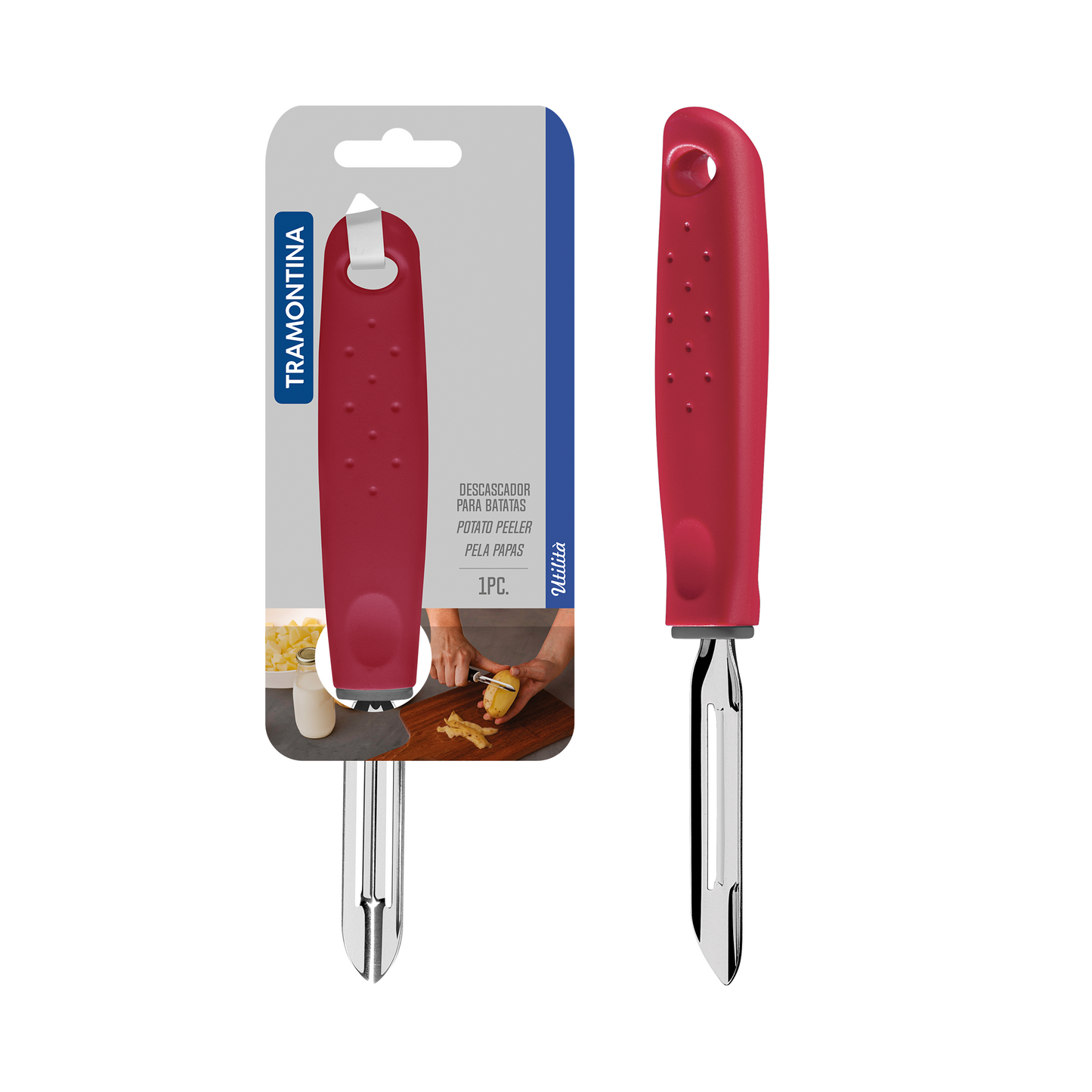 Tramontina Utilitá Stainless Steel Manual Potato Peeler with Red Polypropylene Handle