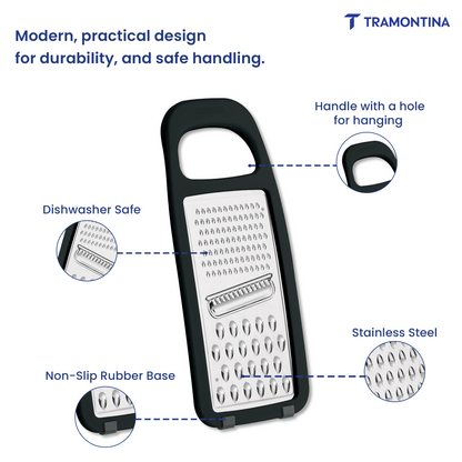 Tramontina Utilitá stainless steel grater with polypropylene handle and non-slip rubber base in black