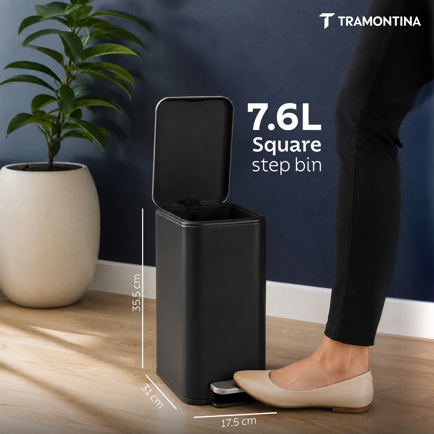 Tramontina Trash Bin Set of 2 - 7.6 Litre (Each) Stainless Steel Pedal Slim Rectagle