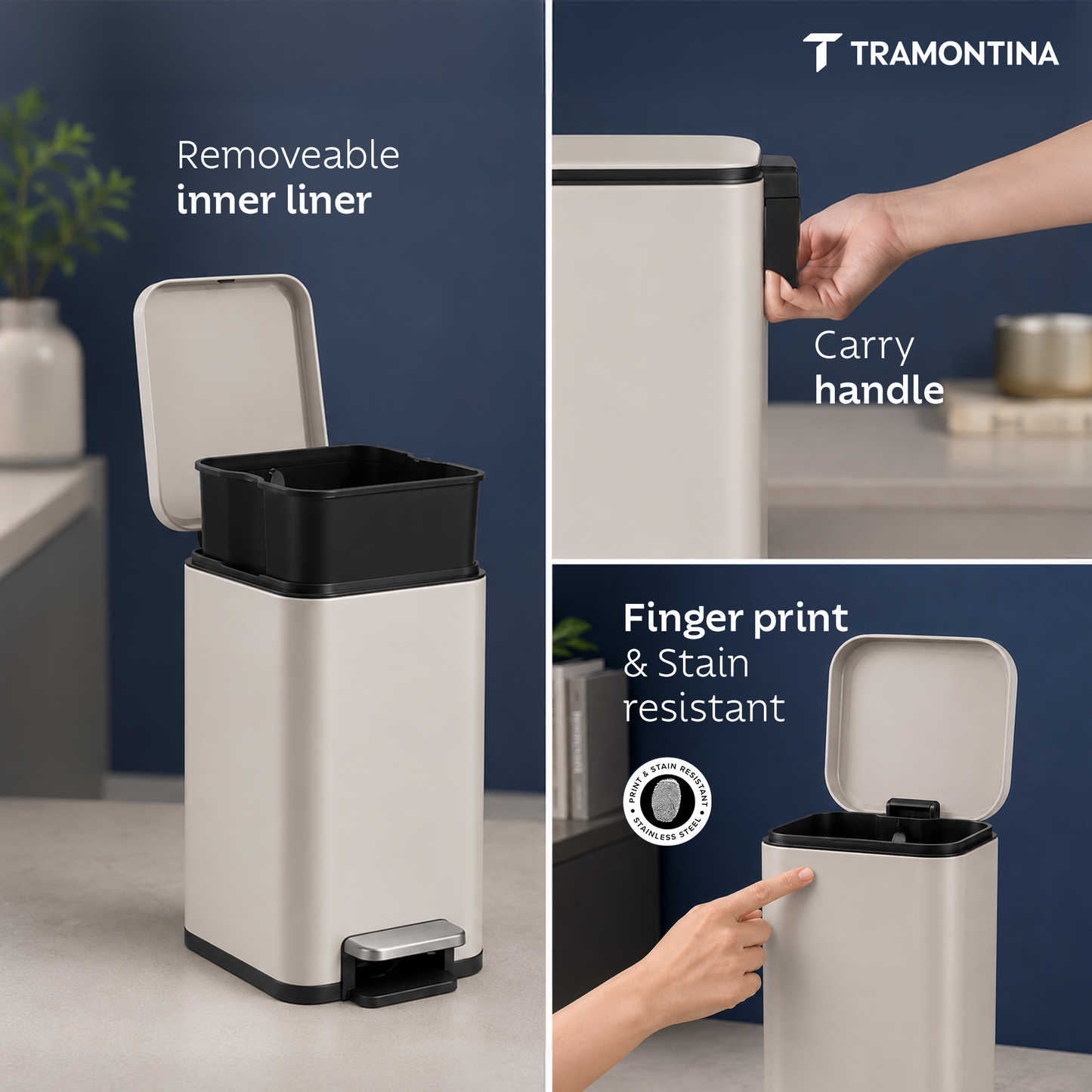 Tramontina Trash Bin Set of 2 - 7.6 Litre (Each) Stainless Steel Pedal Slim Rectagle