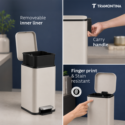 Tramontina Trash Bin Set of 2 - 7.6 Litre (Each) Stainless Steel Pedal Slim Rectagle