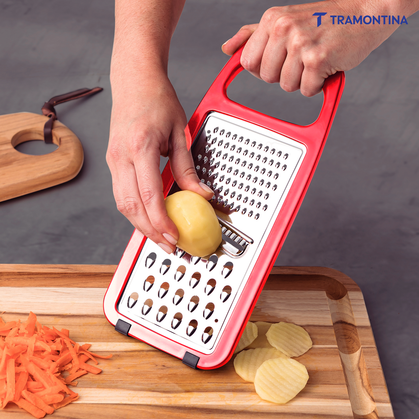 Tramontina Utilitá Stainless Steel and ABS Grater with Rubberized Base, Red