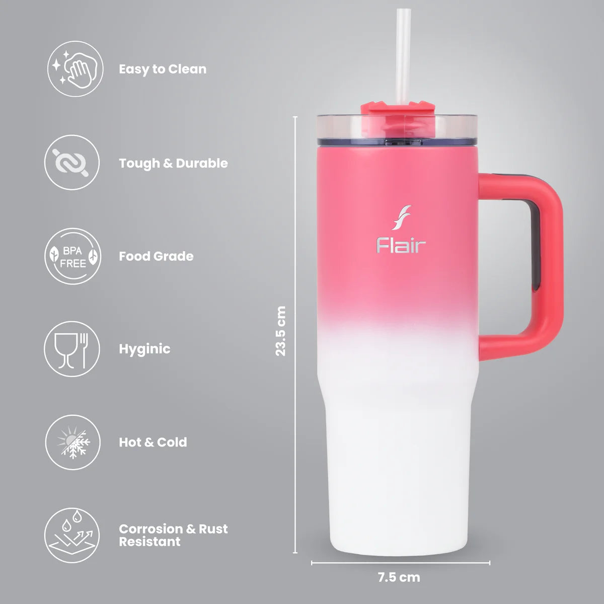 Flair Vogue 750ml Insulated Tumbler with Lid & Straw – Versatile Travel Mug for Iced Beverages & Coffee