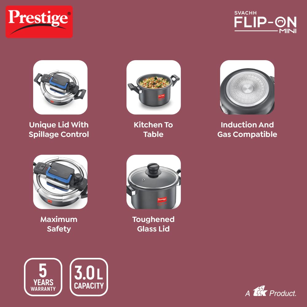 Prestige Svachh Flip-On Mini Hard Anodised Spillage Control Outer Lid Pressure Cooker with Glass Lid, 3 Litre (Black), 3 Liter