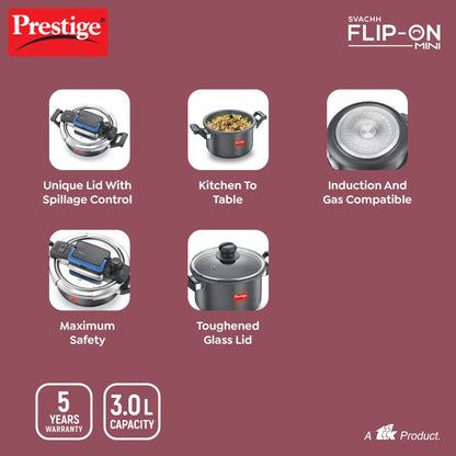 Prestige Svachh Flip-On Mini Hard Anodised Spillage Control Outer Lid Pressure Cooker with Glass Lid, 3 Litre (Black), 3 Liter