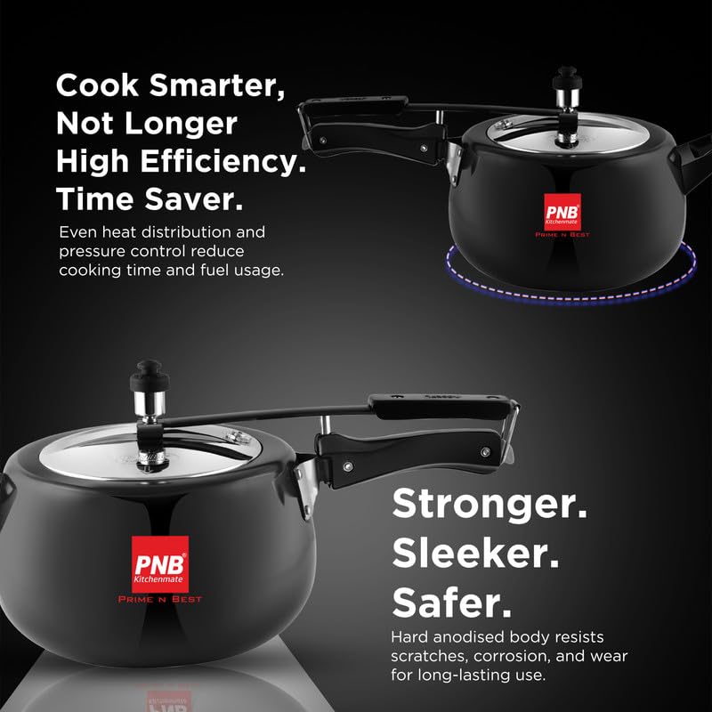 PNB Kitchenmate ORCHID - Hard Anodised Pressure Cooker 2 Ltr | Inner Lid Design | Induction & Gas Stove Compatible | Sleek Black Finish | Kitchen Cooking Appliance | Durable Build | Induction Base