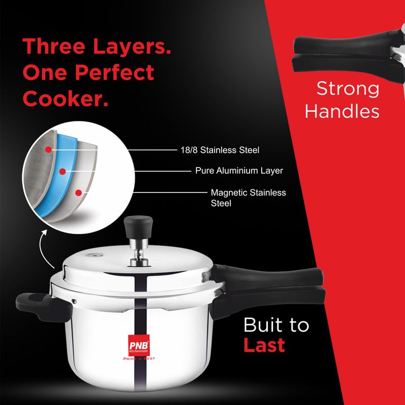PNB Kitchenmate Magnito Triply Cooker - Outer Lid Pressure Cooker Induction and Gas Base - Induction Pressure Cooker With Inner Lid, Induction Cooker, Mirror Finish, Thickness: 2.5mm, Silver | 3L