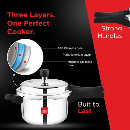 PNB Kitchenmate Magnito Triply Cooker - Outer Lid Pressure Cooker Induction and Gas Base - Induction Pressure Cooker With Inner Lid, Induction Cooker, Mirror Finish, Thickness: 2.5mm, Silver | 3L