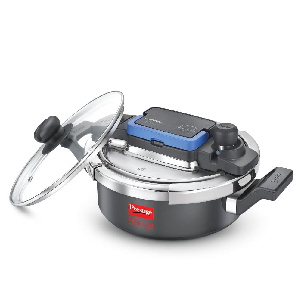 Prestige Svachh Flip-On Mini Hard Anodised Spillage Control Outer Lid Pressure Cooker with Glass Lid, 3 Litre (Black), 3 Liter