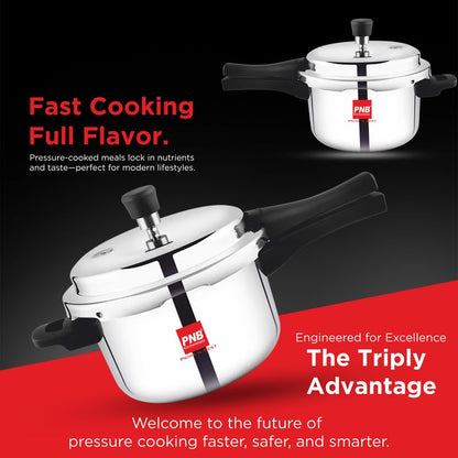 PNB Kitchenmate Magnito Triply Cooker - Outer Lid Pressure Cooker Induction and Gas Base - Induction Pressure Cooker With Inner Lid, Induction Cooker, Mirror Finish, Thickness: 2.5mm, Silver | 3L