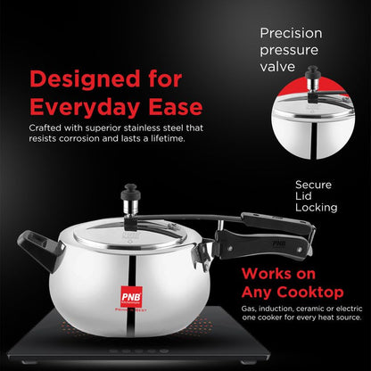 PNB Kitchenmate Euro Triply Cooker - Pressure Cooker Induction and Gas Base, Induction Pressure Cooker With Inner Lid, Induction Cooker, Mirror Finish, Thickness: 2.5mm, Silver | 3L