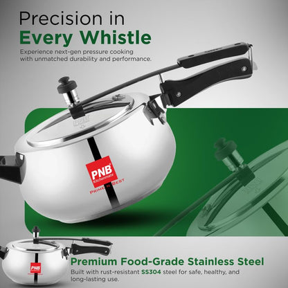 PNB Kitchenmate Jewel Cooker -Stainless Steel Pressure Cooker Induction and Gas Base, Induction Pressure Cooker With Inner Lid, Induction Cooker, Mirror Finish, Thickness 1.2 mm, Silver | 6.5L