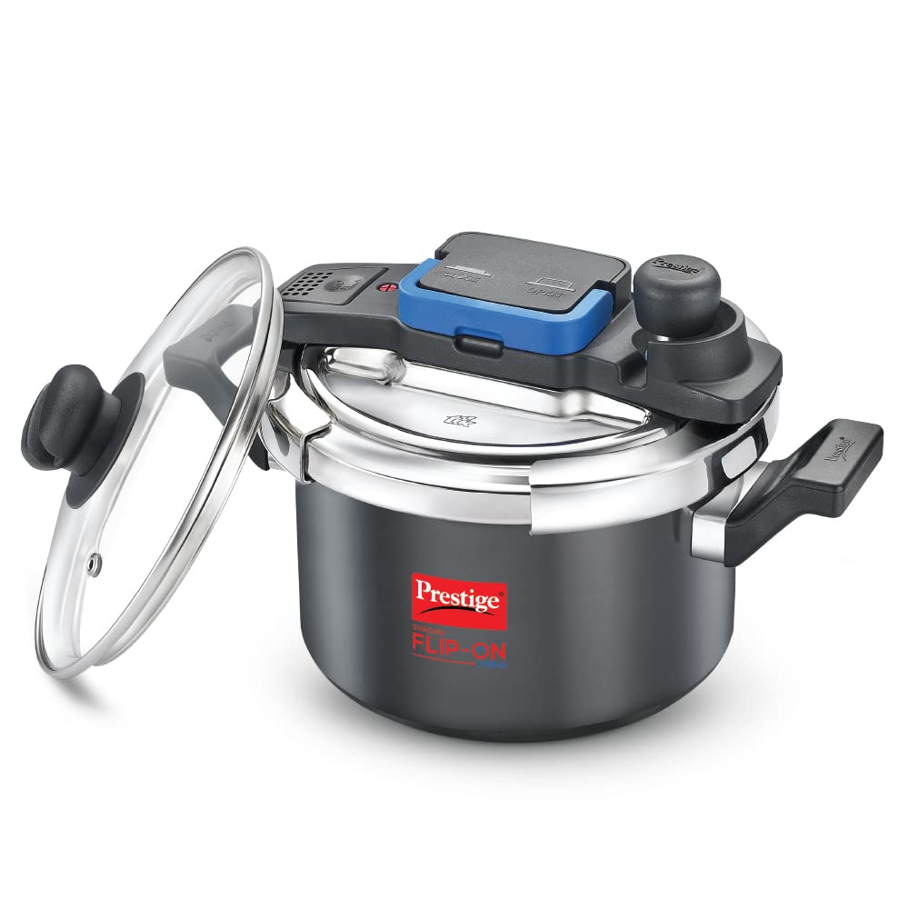 Prestige Svachh Flip-On Mini Hard Anodised Spillage Control Outer Lid Pressure Cooker with Glass Lid, 3 Litre (Black), 3 Liter