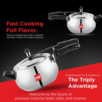 PNB Kitchenmate Euro Triply Cooker - Pressure Cooker Induction and Gas Base, Induction Pressure Cooker With Inner Lid, Induction Cooker, Mirror Finish, Thickness: 2.5mm, Silver | 3L