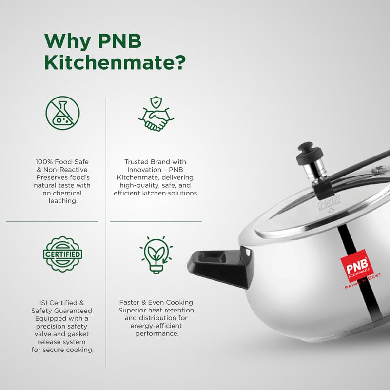 PNB Kitchenmate Jewel Cooker -Stainless Steel Pressure Cooker Induction and Gas Base, Induction Pressure Cooker With Inner Lid, Induction Cooker, Mirror Finish, Thickness 1.2 mm, Silver | 6.5L
