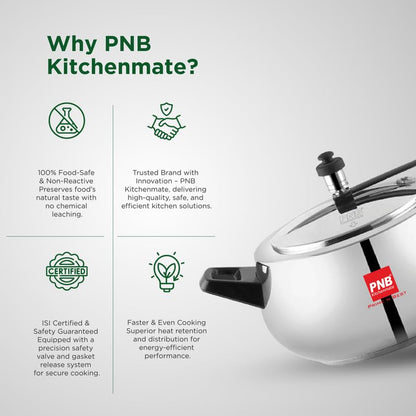 PNB Kitchenmate Jewel Cooker -Stainless Steel Pressure Cooker Induction and Gas Base, Induction Pressure Cooker With Inner Lid, Induction Cooker, Mirror Finish, Thickness 1.2 mm, Silver | 6.5L