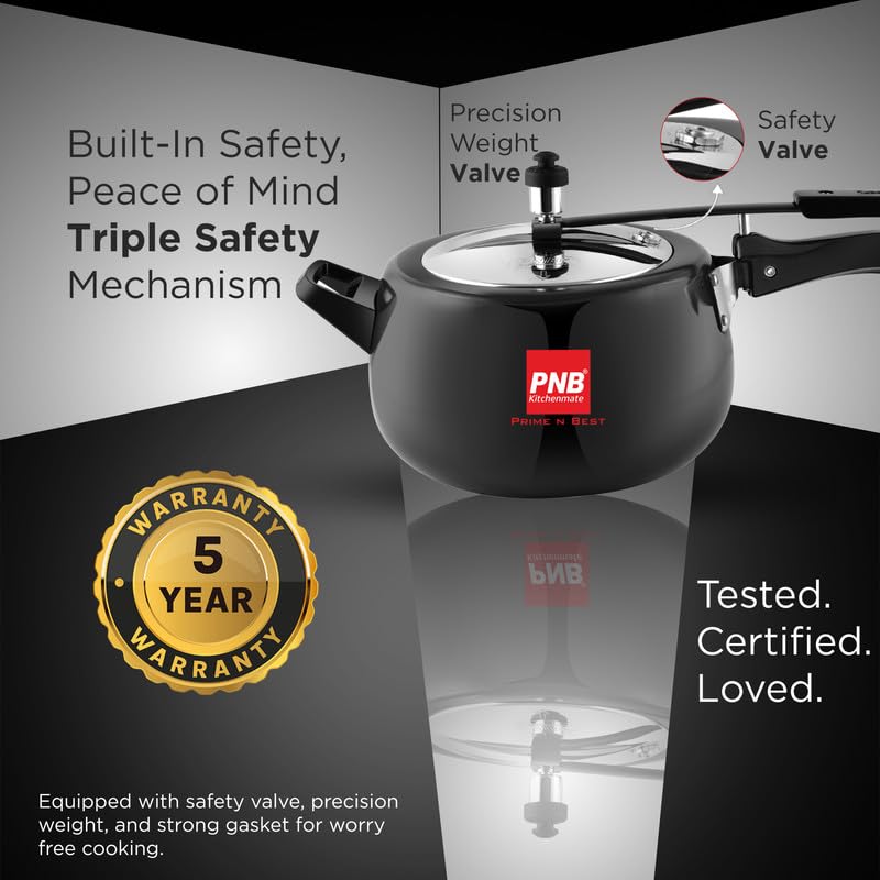 PNB Kitchenmate Onyx - Hard Anodised Pressure Cooker 2 Ltr | Inner Lid Design | Induction & Gas Stove Compatible | Sleek Black Finish | Kitchen Cooking Appliance | Durable Build | Induction Base