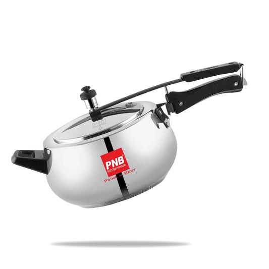 PNB Kitchenmate Pro Cooker -Stainless Steel Pressure Cooker Induction and Gas Base, Induction Pressure Cooker With Inner Lid, Induction Cooker, Mirror Finish, Silver | 5.5L