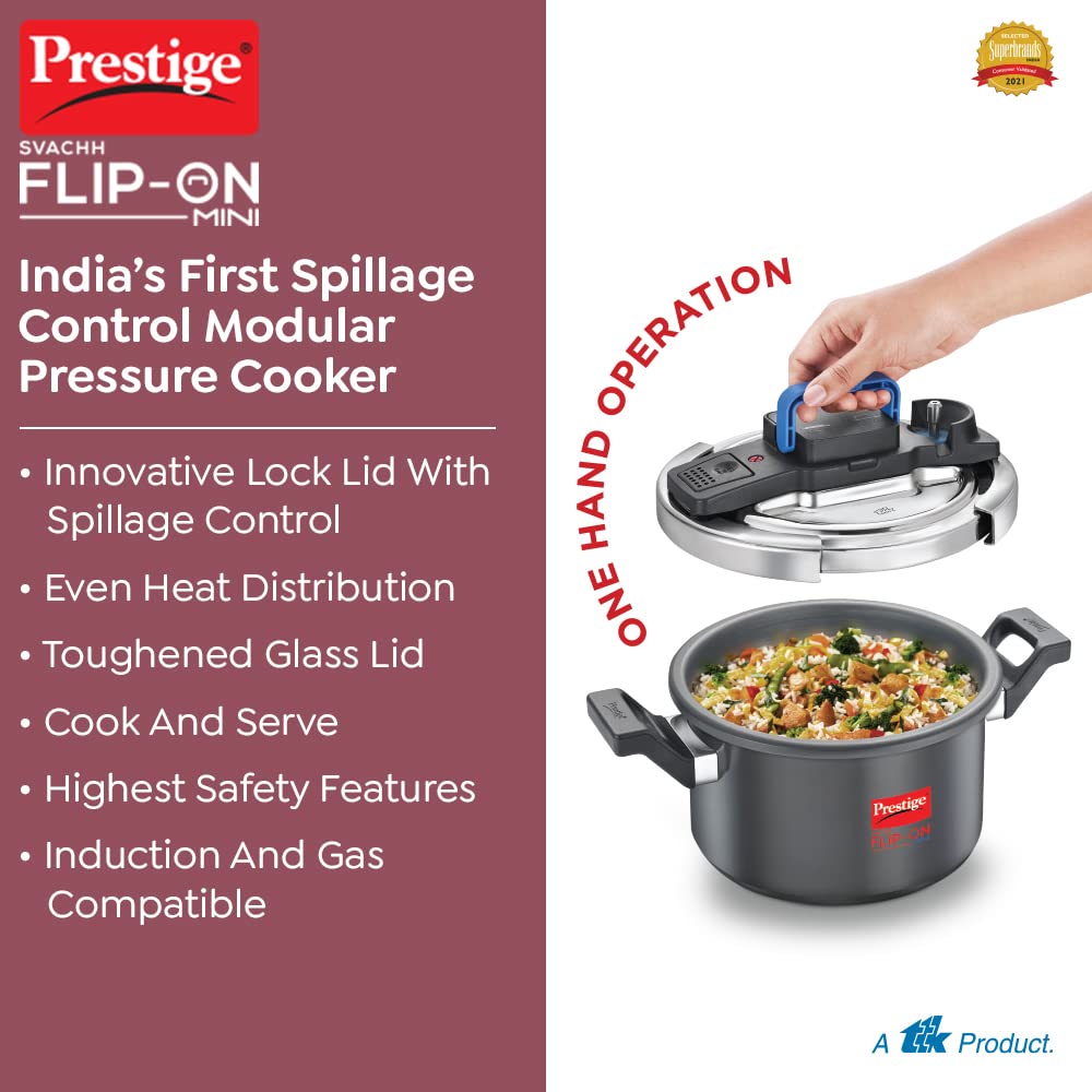 Prestige Svachh Flip-On Mini Hard Anodised Spillage Control Outer Lid Pressure Cooker with Glass Lid, 3 Litre (Black), 3 Liter
