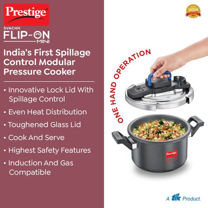 Prestige Svachh Flip-On Mini Hard Anodised Spillage Control Outer Lid Pressure Cooker with Glass Lid, 3 Litre (Black), 3 Liter