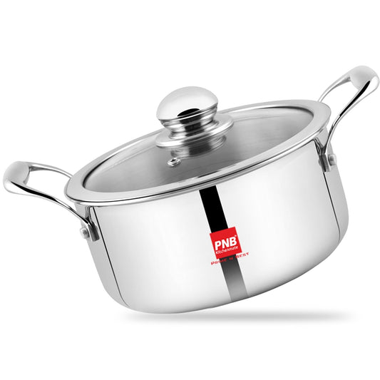 PNB Kitchenmate INOX Triply Cookpot with Lid - Stainless Steel Cookpot with - Gas and Induction Compatible - 8L Capacity & 28 cm - 3-Ply Clad Construction