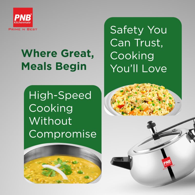PNB Kitchenmate Jewel Cooker -Stainless Steel Pressure Cooker Induction and Gas Base, Induction Pressure Cooker With Inner Lid, Induction Cooker, Mirror Finish, Thickness 1.2 mm, Silver | 6.5L