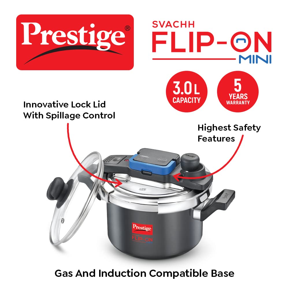 Prestige Svachh Flip-On Mini Hard Anodised Spillage Control Outer Lid Pressure Cooker with Glass Lid, 3 Litre (Black), 3 Liter
