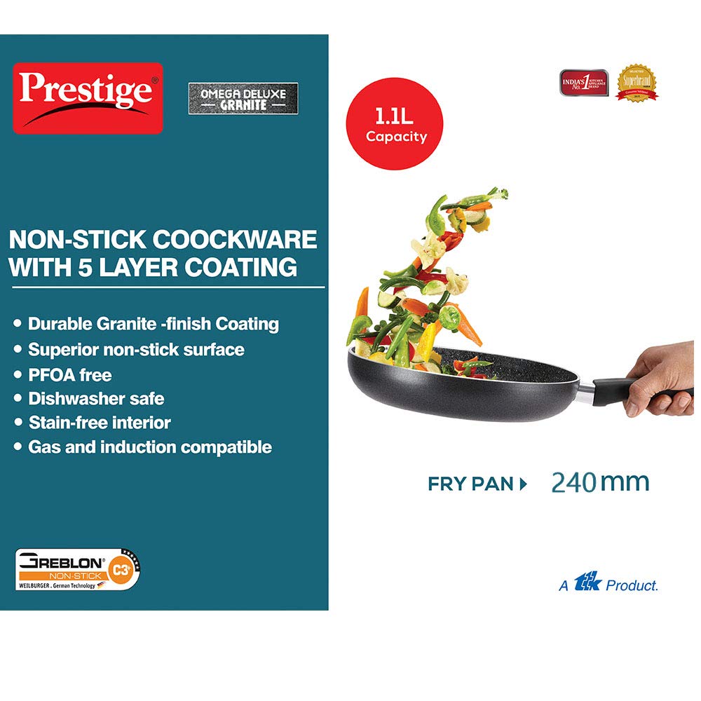 Prestige Svachh Nakshatra Plus Hard Anodised 3 Litre Pressure Handi Omega Deluxe Granite Fry Pan, 240mm, Black (36305)