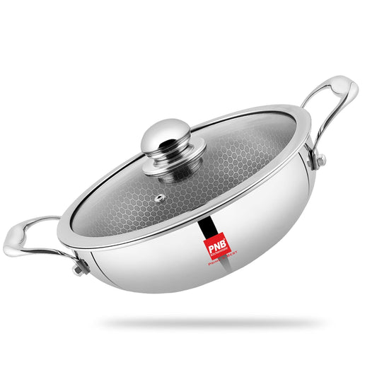 PNB INOX TRIPLY KARAHI with Steel Lid - 2 LTR Capacity & 22 cm - Gas & Induction Compatible - 3-Ply Clad Construction - Triply Stainless Steel Kadai