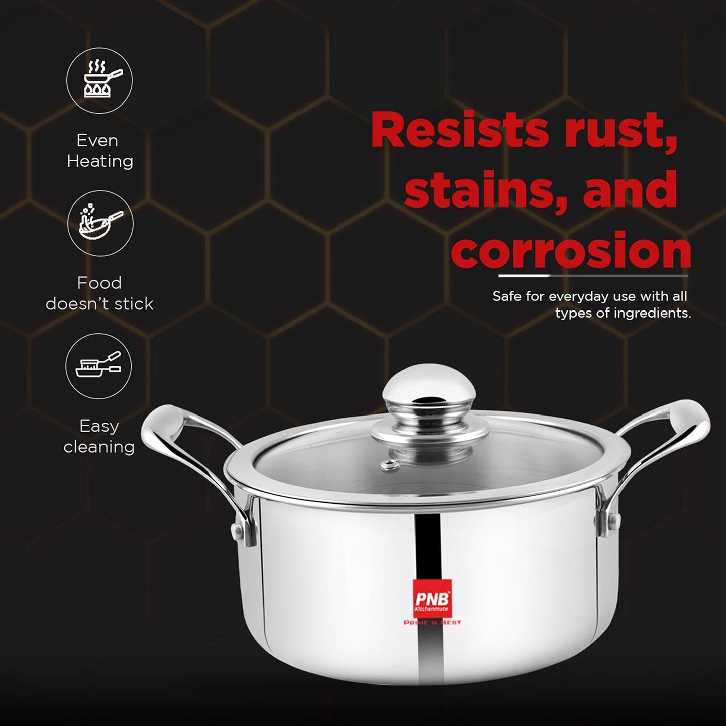 PNB Kitchenmate INOX Triply Cookpot with Lid - Stainless Steel Cookpot with - Gas and Induction Compatible - 8L Capacity & 28 cm - 3-Ply Clad Construction