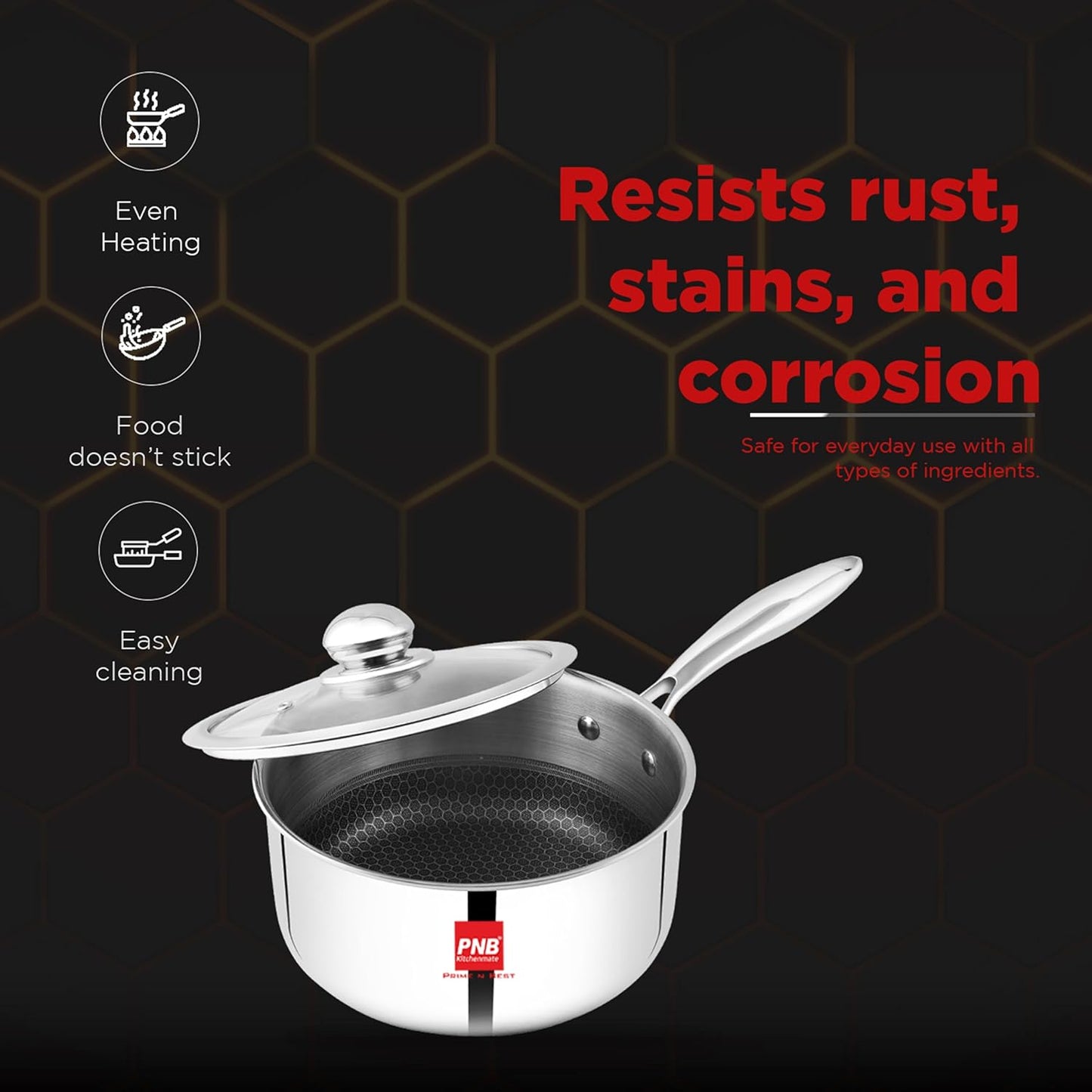 PNB Kitchenmate INOX Triply Saucepan with Lid - Stainless Steel Saucepan - 0.9L Capacity & 14 cm - Gas & Induction Compatible - 3-Ply Clad Construction