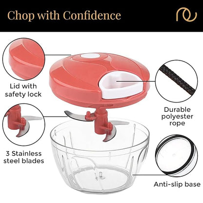 KEMP Quick Manual string Chopper Multipurpose Manual Vegetable, Dry Fruit and Onion Handy Chopper and Quick Cutter Machine for Kitchen with 3 Stainless Steel Blade (500ml)