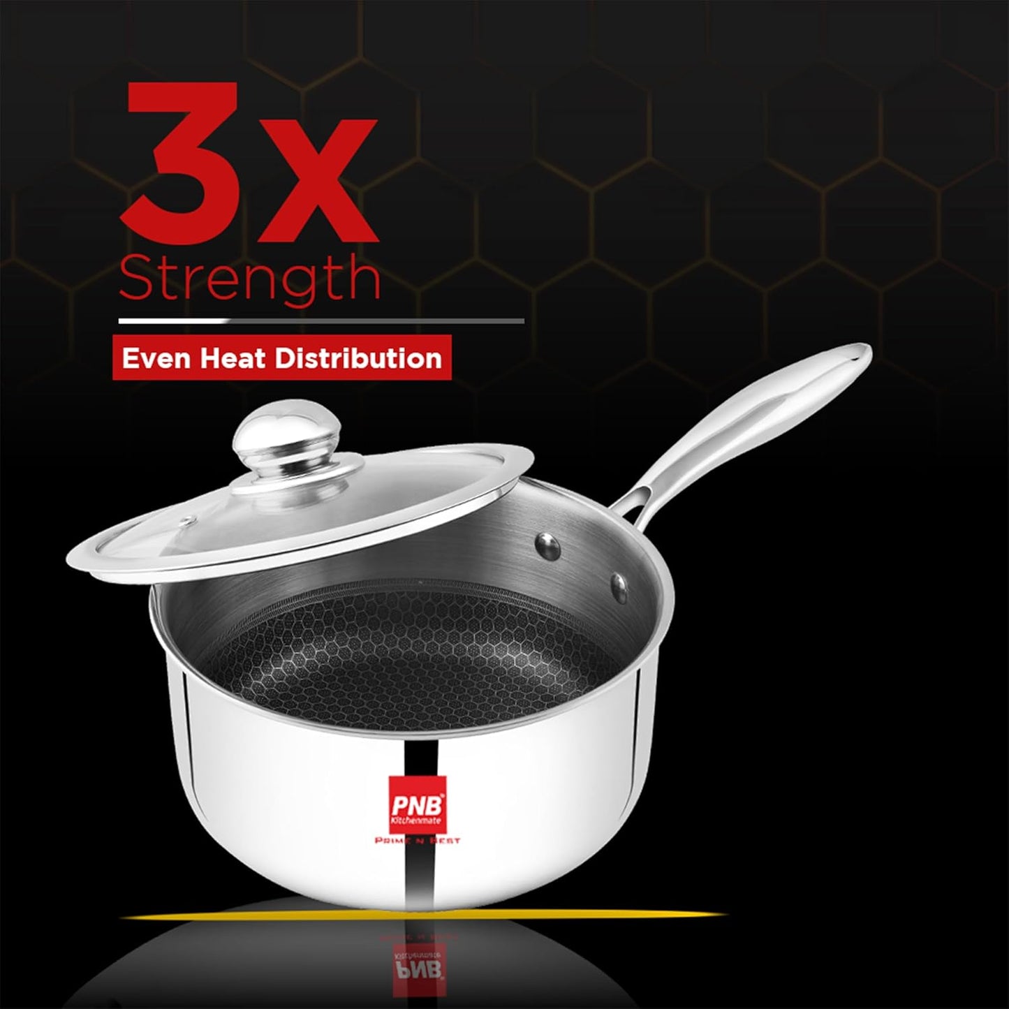 PNB Kitchenmate INOX Triply Saucepan with Lid - Stainless Steel Saucepan - 0.9L Capacity & 14 cm - Gas & Induction Compatible - 3-Ply Clad Construction