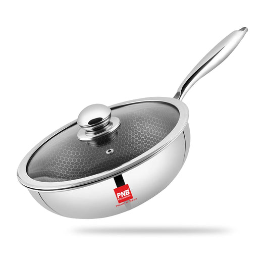 PNB Kitchenmate Triply Wok with Lid - 3-Ply Clad Construction - 28 cm Wok Pan - Long Handle for Control - Cookware for Indian Cooking