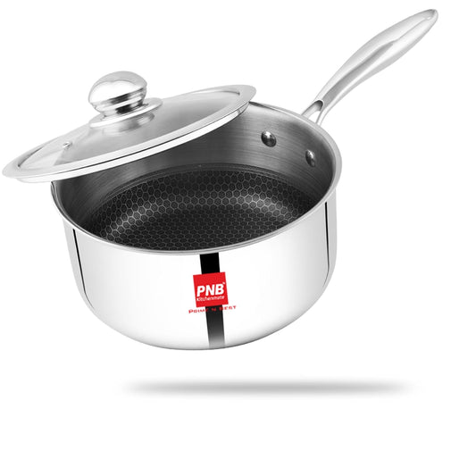 PNB Kitchenmate INOX Triply Saucepan with Lid - Stainless Steel Saucepan - 0.9L Capacity & 14 cm - Gas & Induction Compatible - 3-Ply Clad Construction