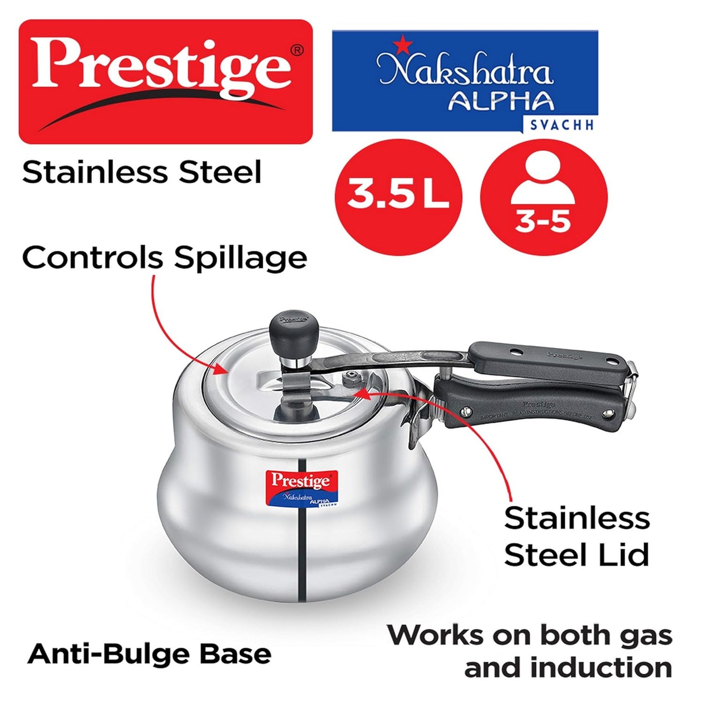 Prestige Svachh, 20257, 3.5 L, Nakshatra Alpha Svachh Handi, With Deep Lid For Spillage Control (Inner Lid, Stainless Steel, Silver), 17 Ounces