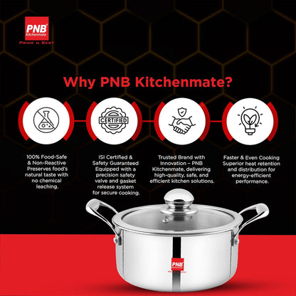 PNB Kitchenmate INOX Triply Cookpot with Lid - Stainless Steel Cookpot with - Gas and Induction Compatible - 8L Capacity & 28 cm - 3-Ply Clad Construction