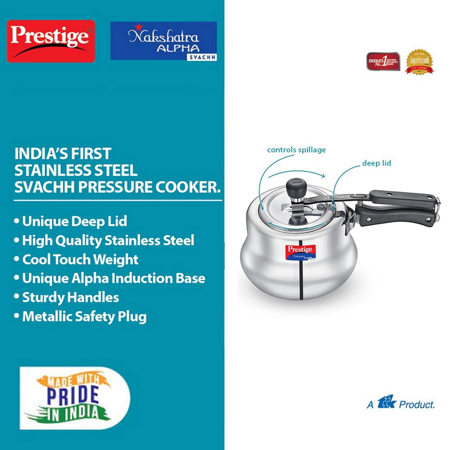 Prestige Svachh, 20257, 3.5 L, Nakshatra Alpha Svachh Handi, With Deep Lid For Spillage Control (Inner Lid, Stainless Steel, Silver), 17 Ounces