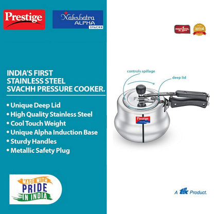 Prestige Svachh, 20257, 3.5 L, Nakshatra Alpha Svachh Handi, With Deep Lid For Spillage Control (Inner Lid, Stainless Steel, Silver), 17 Ounces
