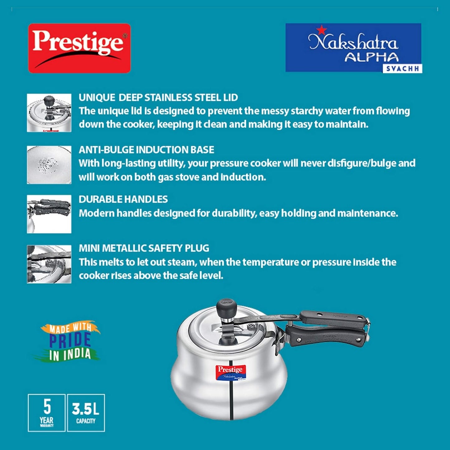 Prestige Svachh, 20257, 3.5 L, Nakshatra Alpha Svachh Handi, With Deep Lid For Spillage Control (Inner Lid, Stainless Steel, Silver), 17 Ounces