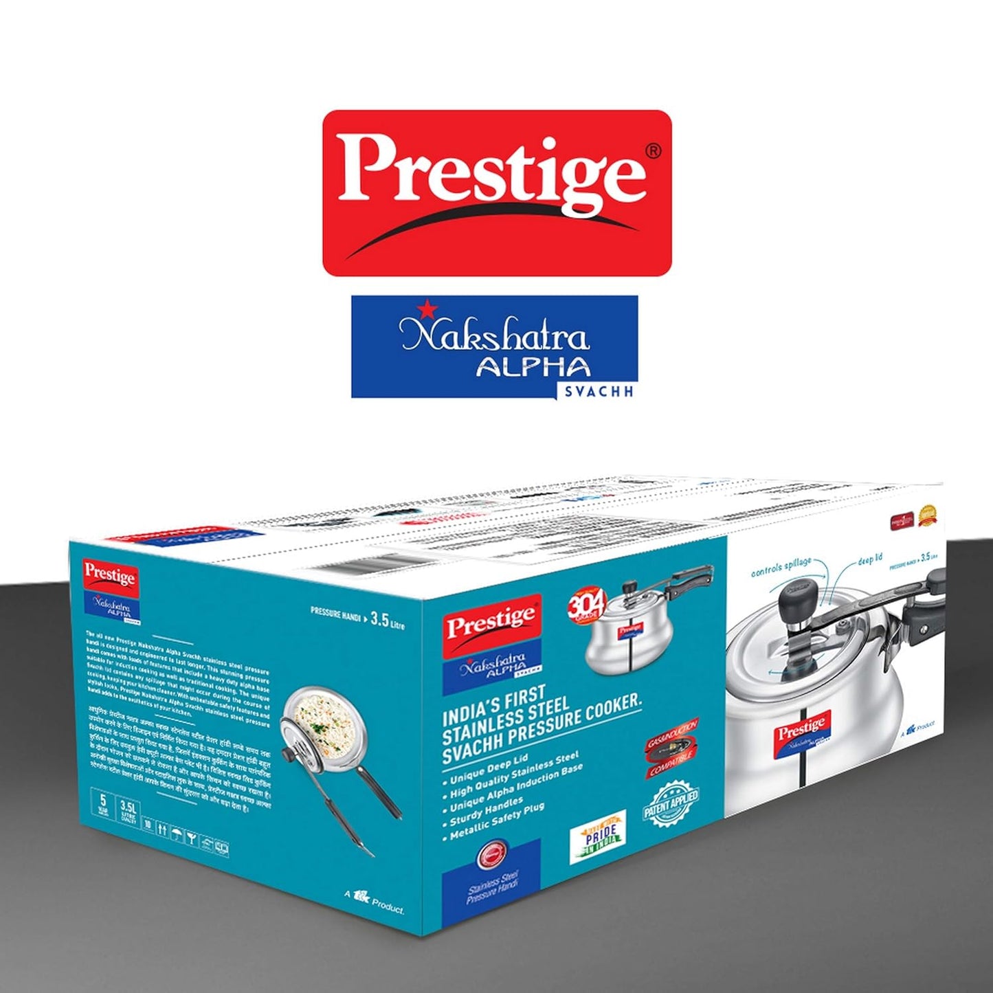 Prestige Svachh, 20257, 3.5 L, Nakshatra Alpha Svachh Handi, With Deep Lid For Spillage Control (Inner Lid, Stainless Steel, Silver), 17 Ounces