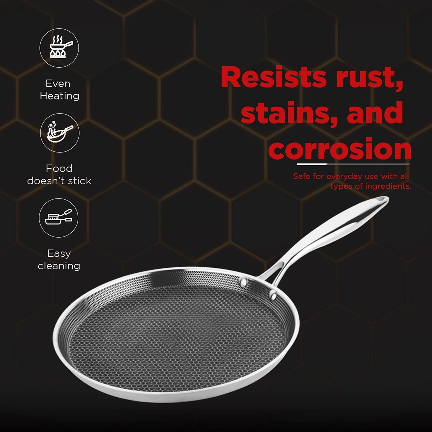 PNB Kitchenmate INOX Dosa Tawa - 30 cm Stainless Steel Dosa Tawa with - Gas & Induction Compatible - 3-Ply Clad Construction - Heat-Resistant Handles