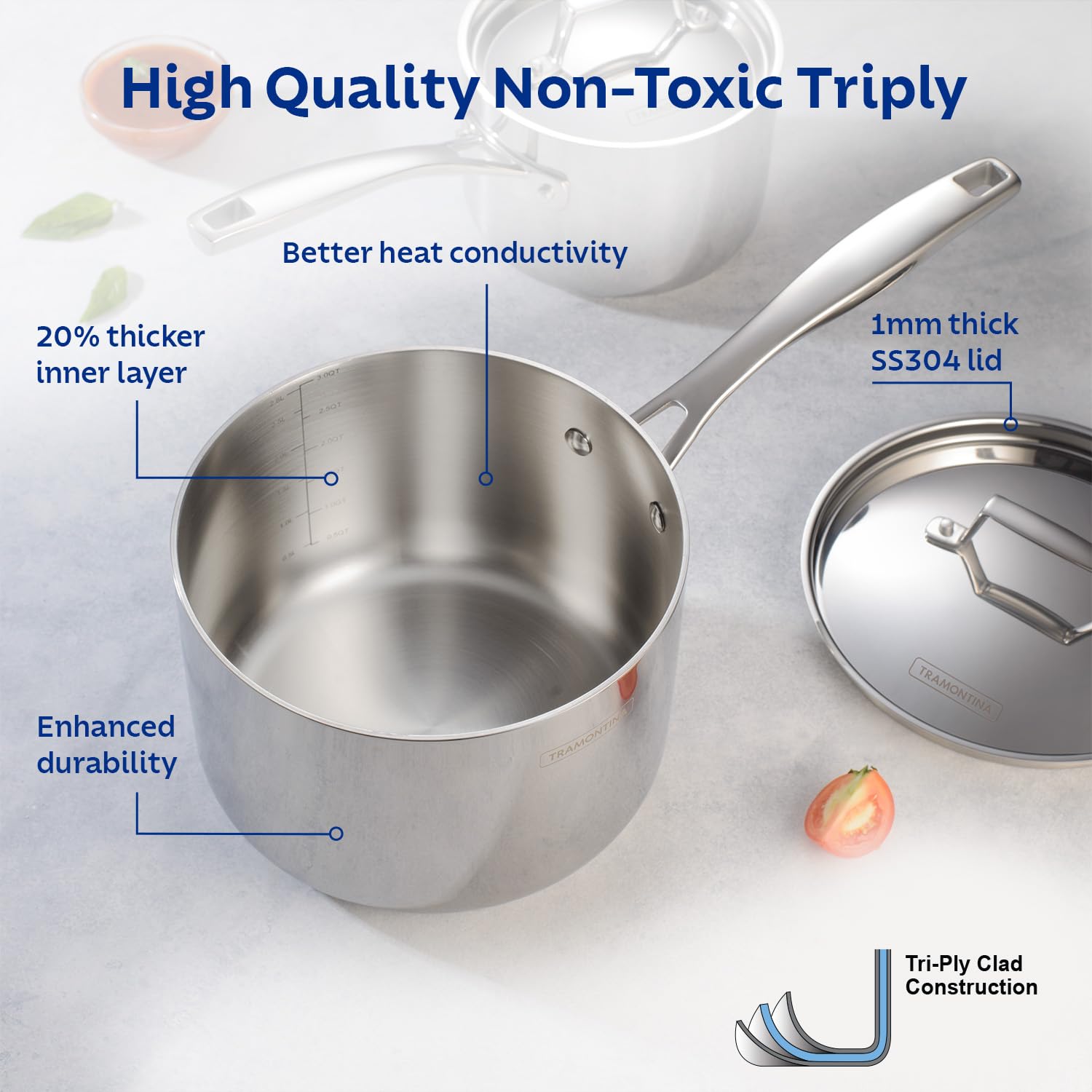 Tramontina Aeion 14cm Stainless Steel Tri-Ply Sauce Pan with SS Lid - 1.5L