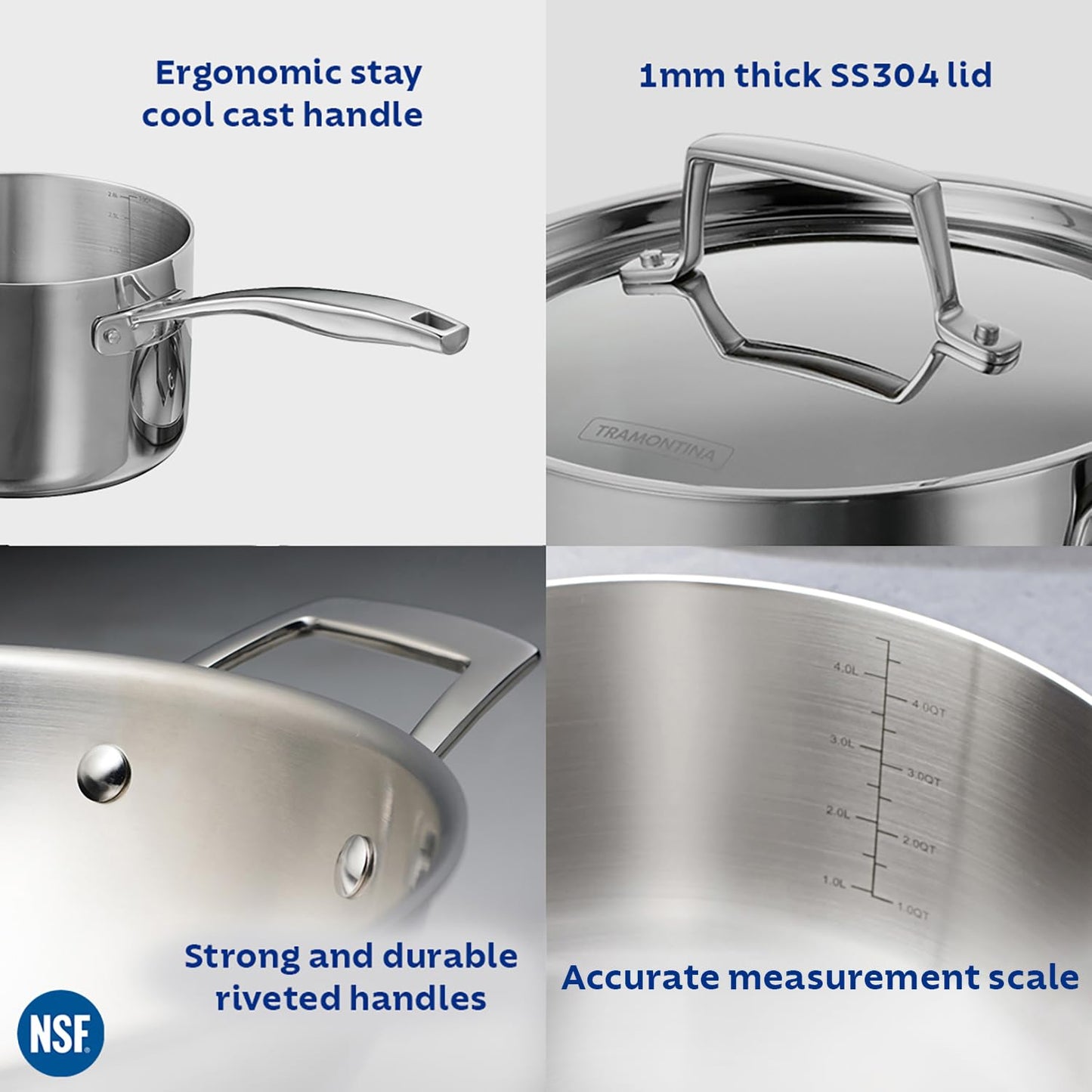 Tramontina Aeion 16cm Stainless Steel Tri-Ply Sauce Pan with SS Lid - 2.1L